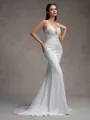 Sheath V-neck Appliques Lace Sweep Train Charmeuse Wedding Dress