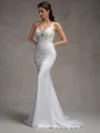 Sheath V-neck Appliques Lace Sweep Train Charmeuse Wedding Dress