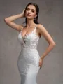 Sheath V-neck Appliques Lace Sweep Train Charmeuse Wedding Dress