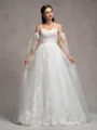 A-line Cold Shoulder Appliques Lace Chapel Train Tulle Wedding Dress