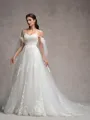 A-line Cold Shoulder Appliques Lace Chapel Train Tulle Wedding Dress