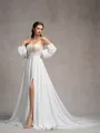 A-line Sweetheart Long Sleeves Appliques Lace Court Train Chiffon Corset Convertible Wedding Dress