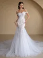 Mermaid Off-the-Shoulder Appliques Lace Cathedral Train Tulle Corset Wedding Dress