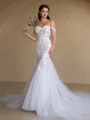 Mermaid Off-the-Shoulder Appliques Lace Cathedral Train Tulle Corset Wedding Dress