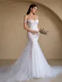 Mermaid Off-the-Shoulder Appliques Lace Cathedral Train Tulle Corset Wedding Dress
