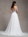 A-line Cold Shoulder Appliques Lace Sweep Train Charmeuse Wedding Dress