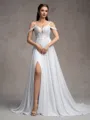 A-line Cold Shoulder Appliques Lace Sweep Train Charmeuse Wedding Dress