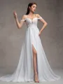A-line Cold Shoulder Appliques Lace Sweep Train Charmeuse Wedding Dress