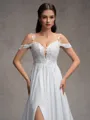A-line Cold Shoulder Appliques Lace Sweep Train Charmeuse Wedding Dress