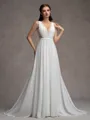 A-line V-neck Appliques Lace Sweep Train Chiffon Wedding Dress