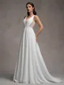 A-line V-neck Appliques Lace Sweep Train Chiffon Wedding Dress