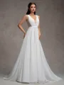 A-line V-neck Appliques Lace Sweep Train Chiffon Wedding Dress