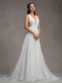 A-line V-neck Appliques Lace Sweep Train Chiffon Wedding Dress