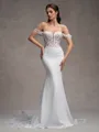 Sheath Off-the-Shoulder Appliques Lace Cathedral Train Stretch Crepe Corset Wedding Dress