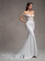 Sheath Off-the-Shoulder Appliques Lace Cathedral Train Stretch Crepe Corset Wedding Dress