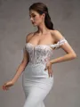Sheath Off-the-Shoulder Appliques Lace Cathedral Train Stretch Crepe Corset Wedding Dress