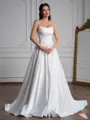 A-line Straight Pleated Sweep Train Satin Corset Wedding Dress