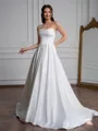 A-line Straight Pleated Sweep Train Satin Corset Wedding Dress