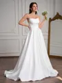 A-line Straight Pleated Sweep Train Satin Corset Wedding Dress