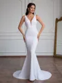 Sheath V-neck Court Train Stretch Crepe Wedding Dress