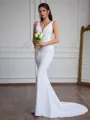 Sheath V-neck Court Train Stretch Crepe Wedding Dress