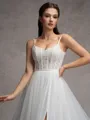 A-line Spaghetti Straps Appliques Lace Chapel Train Tulle Corset Wedding Dress