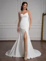 Sheath Spaghetti Straps Pleated Court Train Stretch Crepe Wedding Dress