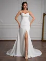Sheath Spaghetti Straps Pleated Court Train Stretch Crepe Wedding Dress