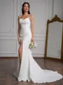 Sheath Spaghetti Straps Pleated Court Train Stretch Crepe Wedding Dress