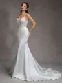 Mermaid Spaghetti Straps Appliques Lace Chapel Train Satin Corset Wedding Dress