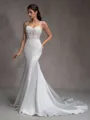 Mermaid Spaghetti Straps Appliques Lace Chapel Train Satin Corset Wedding Dress