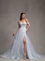 A-line Off-the-Shoulder Appliques Lace Cathedral Train Tulle Corset Wedding Dress