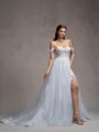 A-line Off-the-Shoulder Appliques Lace Cathedral Train Tulle Corset Wedding Dress
