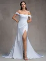 Sheath Off-the-Shoulder Pleated Court Train Charmeuse Wedding Dress