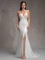 Sheath V-neck Beading Court Train Wedding Dress