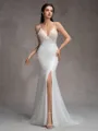 Sheath V-neck Beading Court Train Wedding Dress