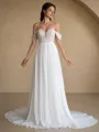 A-line Off-the-Shoulder Appliques Lace Court Train Chiffon Wedding Dress