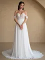 A-line Off-the-Shoulder Appliques Lace Court Train Chiffon Wedding Dress