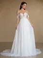A-line Off-the-Shoulder Appliques Lace Court Train Chiffon Wedding Dress