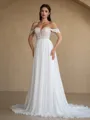 A-line Off-the-Shoulder Appliques Lace Court Train Chiffon Wedding Dress