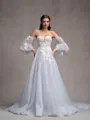 A-line Sweetheart Long Sleeves Appliques Lace Chapel Train Tulle Corset Convertible Wedding Dress