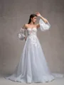 A-line Sweetheart Long Sleeves Appliques Lace Chapel Train Tulle Corset Convertible Wedding Dress