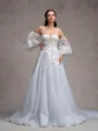 A-line Sweetheart Long Sleeves Appliques Lace Chapel Train Tulle Corset Convertible Wedding Dress
