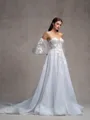 A-line Sweetheart Long Sleeves Appliques Lace Chapel Train Tulle Corset Convertible Wedding Dress