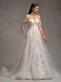 A-line Off-the-Shoulder Appliques Lace Cathedral Train Tulle Wedding Dress