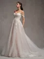 A-line Off-the-Shoulder Appliques Lace Cathedral Train Tulle Wedding Dress
