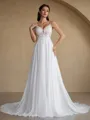 A-line V-neck Appliques Lace Cathedral Train Chiffon Wedding Dress