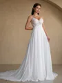 A-line V-neck Appliques Lace Cathedral Train Chiffon Wedding Dress