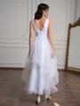A-line V-neck Pleated Asymmetrical Tulle Wedding Dress