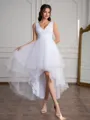 A-line V-neck Pleated Asymmetrical Tulle Wedding Dress
